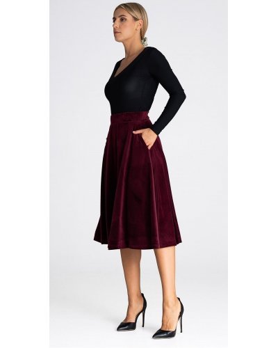 Fusta evazata din catifea, midi, burgundy, cu talia inalta si buzunare, Barril Fuste dama, Fusta evazata din catifea, midi, burgundy, cu talia inalta si buzunare, Barril - jojofashion.ro