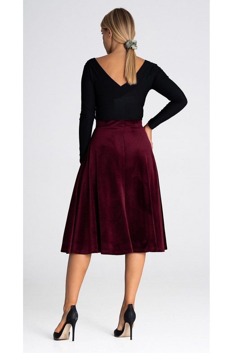 Fusta evazata din catifea, midi, burgundy, cu talia inalta si buzunare, Barril 3 - jojofashion.ro