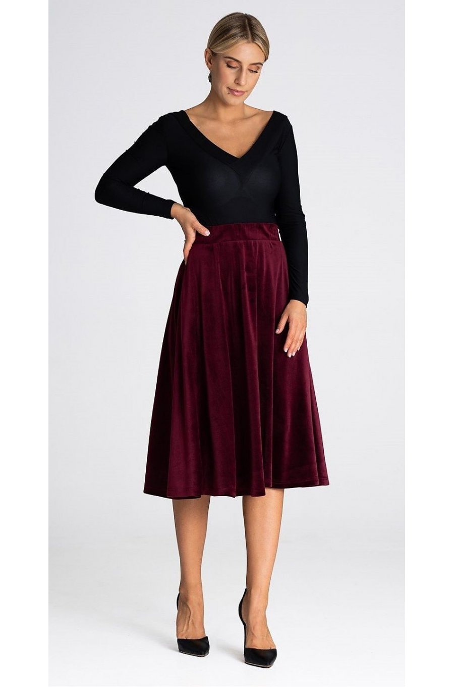 Fusta evazata din catifea, midi, burgundy, cu talia inalta si buzunare, Barril 4 - jojofashion.ro