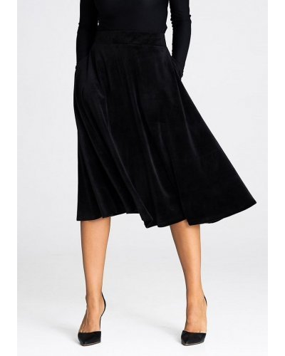 Fusta evazata din catifea, midi, neagra, cu talia inalta si buzunare, Barril Fuste dama, Fusta evazata din catifea, midi, neagra, cu talia inalta si buzunare, Barril - jojofashion.ro