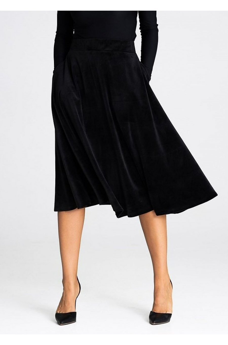 Fusta evazata din catifea, midi, neagra, cu talia inalta si buzunare, Barril 1 - jojofashion.ro