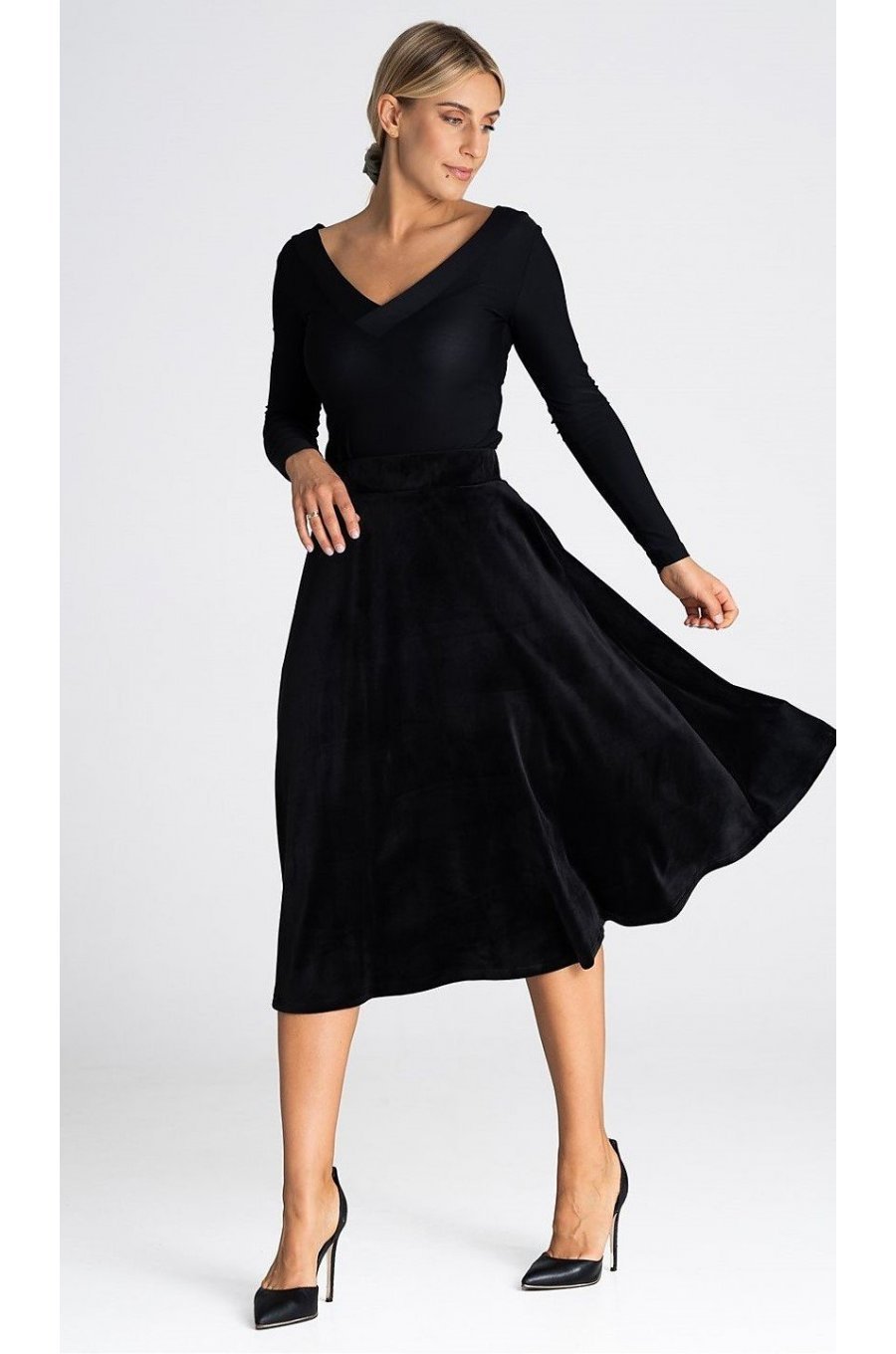 Fusta evazata din catifea, midi, neagra, cu talia inalta si buzunare, Barril 4 - jojofashion.ro