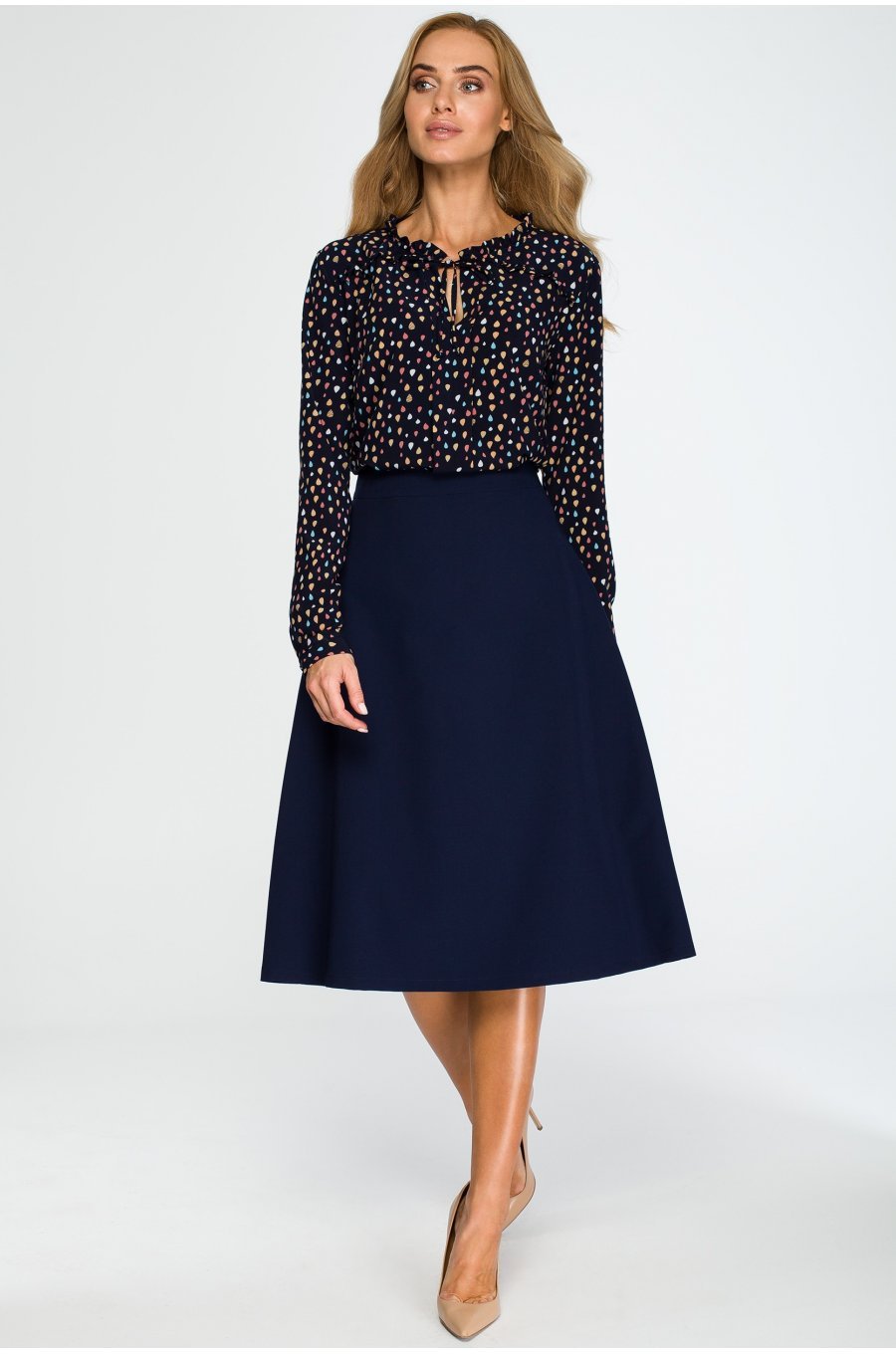 Fusta evazata eleganta midi bleumarin, clasica, Hameeda Fusta evazata eleganta midi bleumarin, clasica, Hameeda 2 - jojofashion.ro