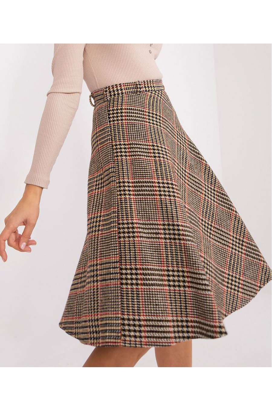 Fusta evazata in carouri, din bumbac si acril, midi, maro, Lilisa Fusta evazata in carouri, din bumbac si acril, midi, maro, Lilisa 1 - jojofashion.ro