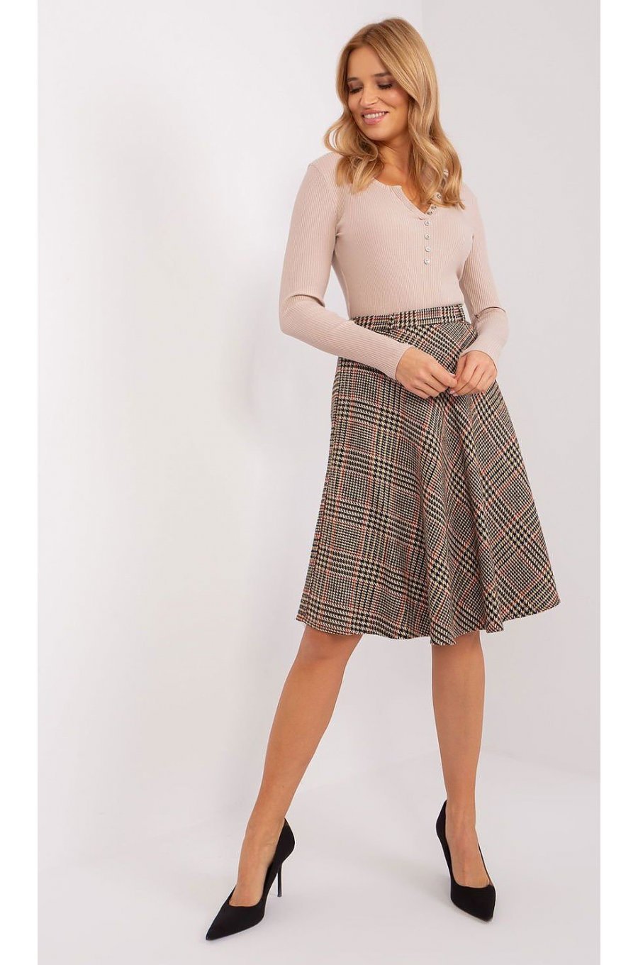 Fusta evazata in carouri, din bumbac si acril, midi, maro, Lilisa Fusta evazata in carouri, din bumbac si acril, midi, maro, Lilisa 2 - jojofashion.ro