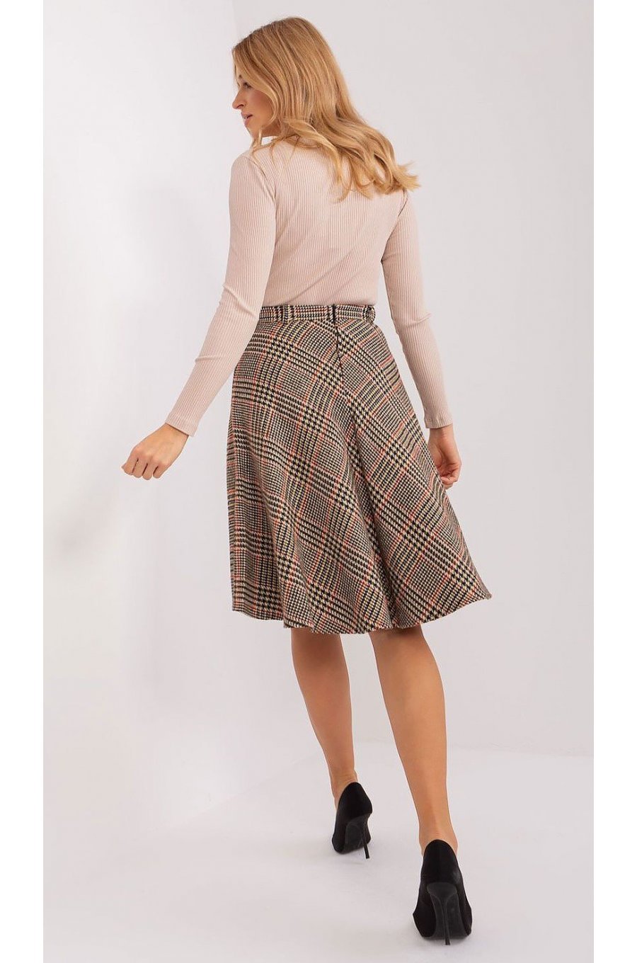 Fusta evazata in carouri, din bumbac si acril, midi, maro, Lilisa Fusta evazata in carouri, din bumbac si acril, midi, maro, Lilisa 3 - jojofashion.ro