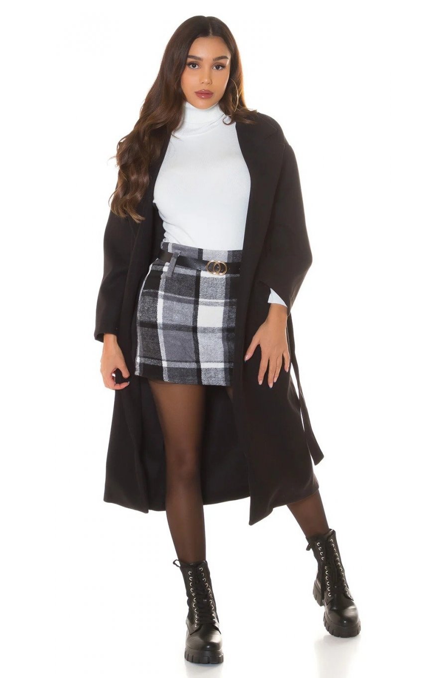 Fusta in carouri scurta, neagra, mulata, cu talia inalta, Bertina 3 - jojofashion.ro