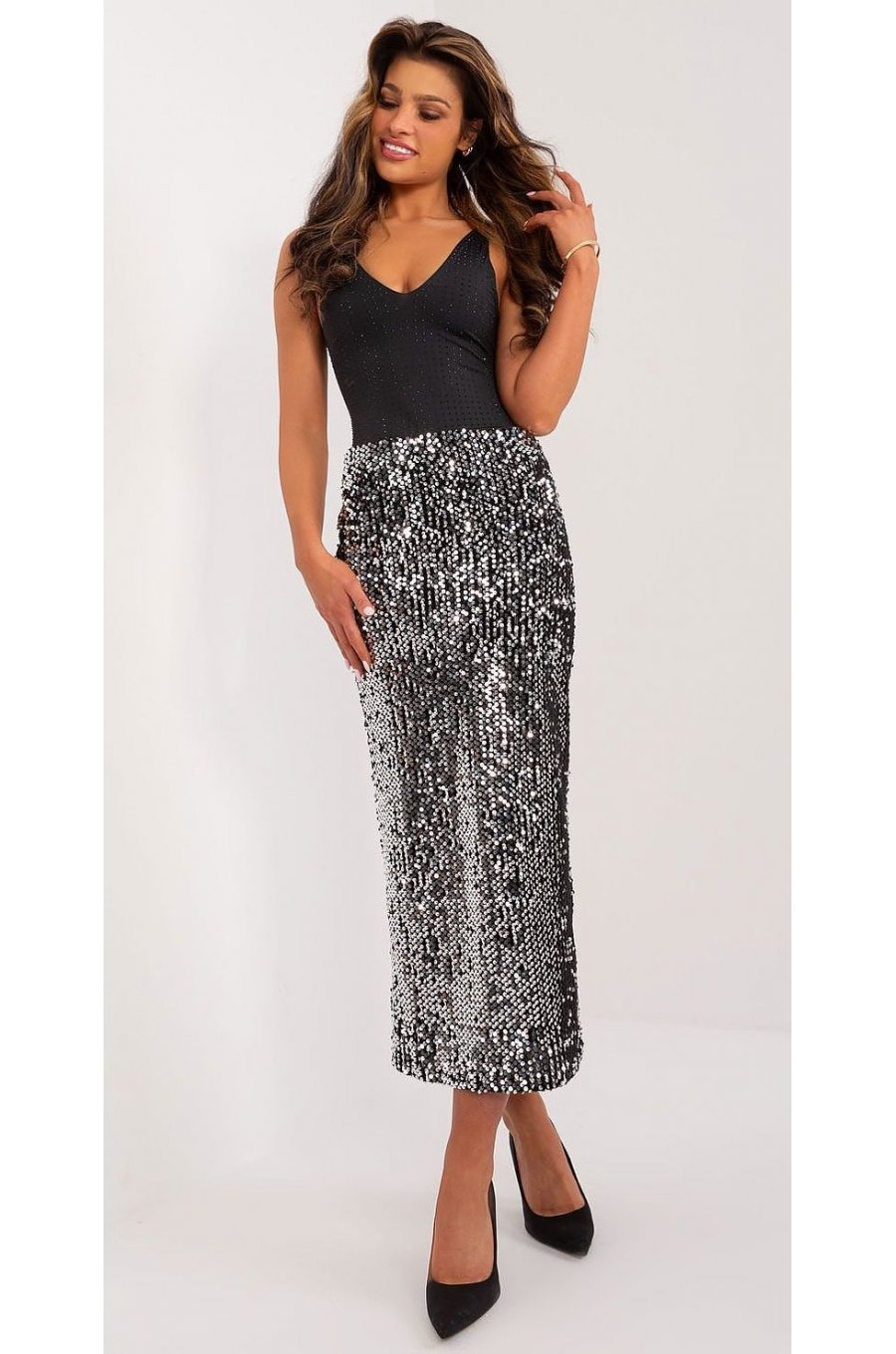 Fusta lunga din paiete, argintie, mulata, Maisah2 Fusta lunga din paiete, argintie, mulata, Maisah2 2 - jojofashion.ro