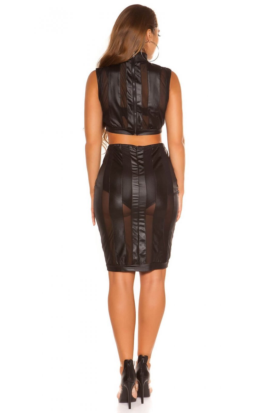 Fusta tip creion midi neagra cu benzi transparente Neyma 5 - jojofashion.ro