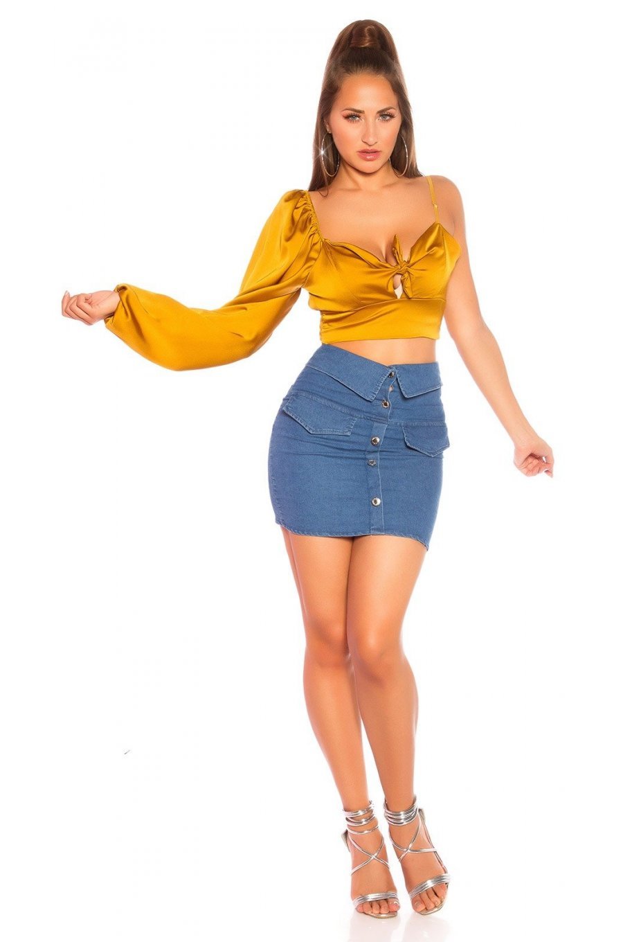 Fusta mulata, bumbac denim, scurta, albastra, cu talia inalta, Fergie 3 - jojofashion.ro