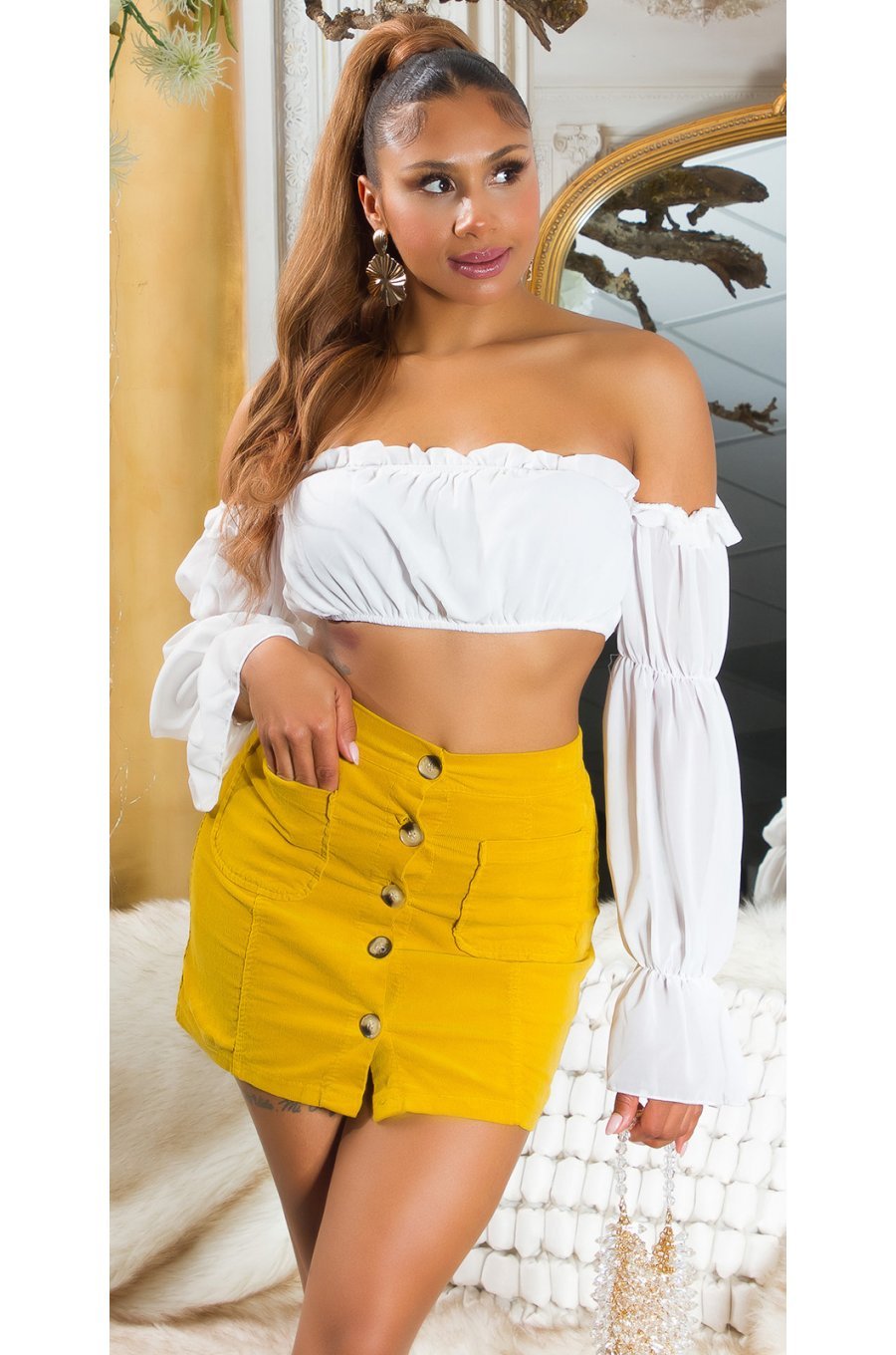 Fusta mulata, din bumbac, scurta, galbena, Kantrell Fusta mulata, din bumbac, scurta, galbena, Kantrell 2 - jojofashion.ro