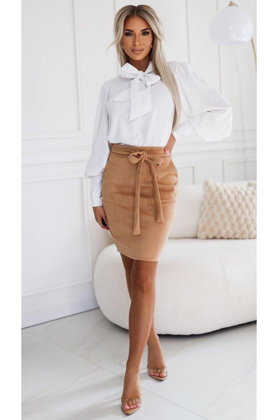 Fusta mulata din imitatie de piele intoarsa midi bej Cristiana 2 - jojofashion.ro