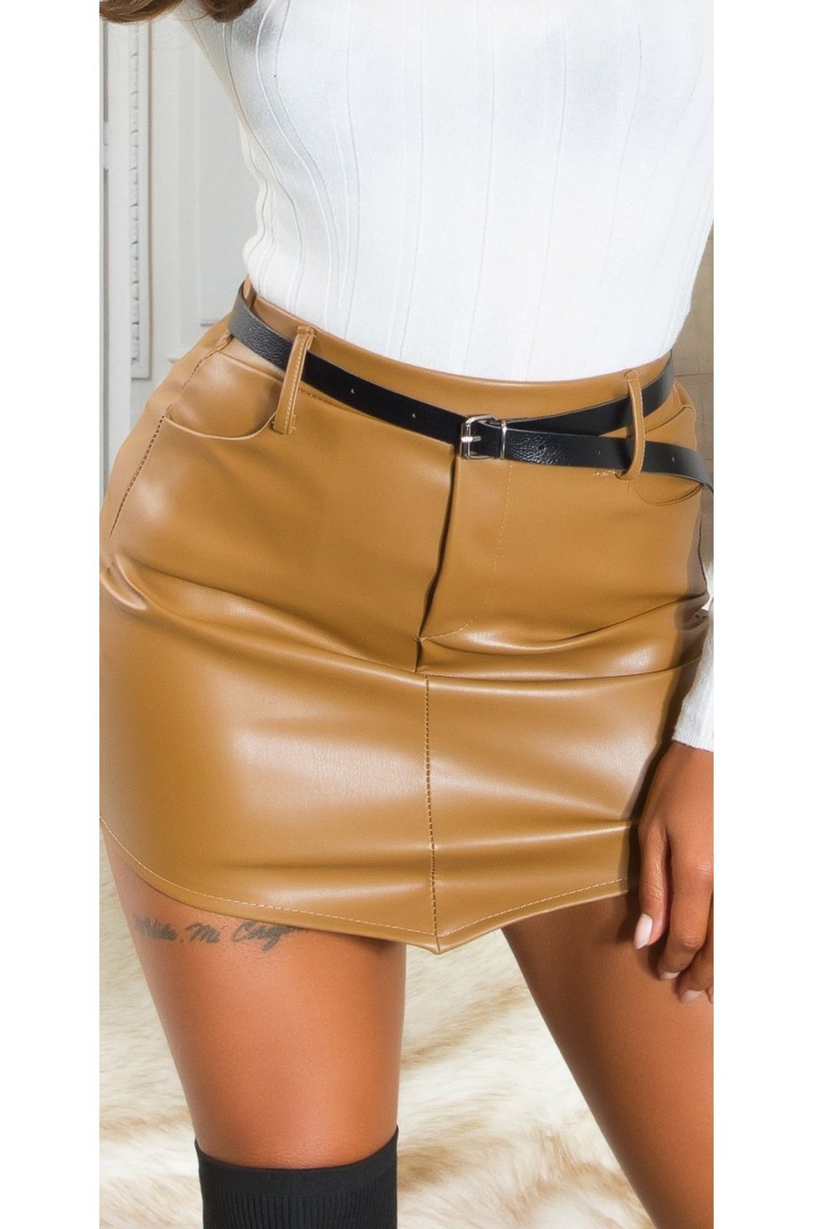 Fusta mulata din piele eco, cappuccino, scurta, Dare Fusta mulata din piele eco, cappuccino, scurta, Dare 1 - jojofashion.ro