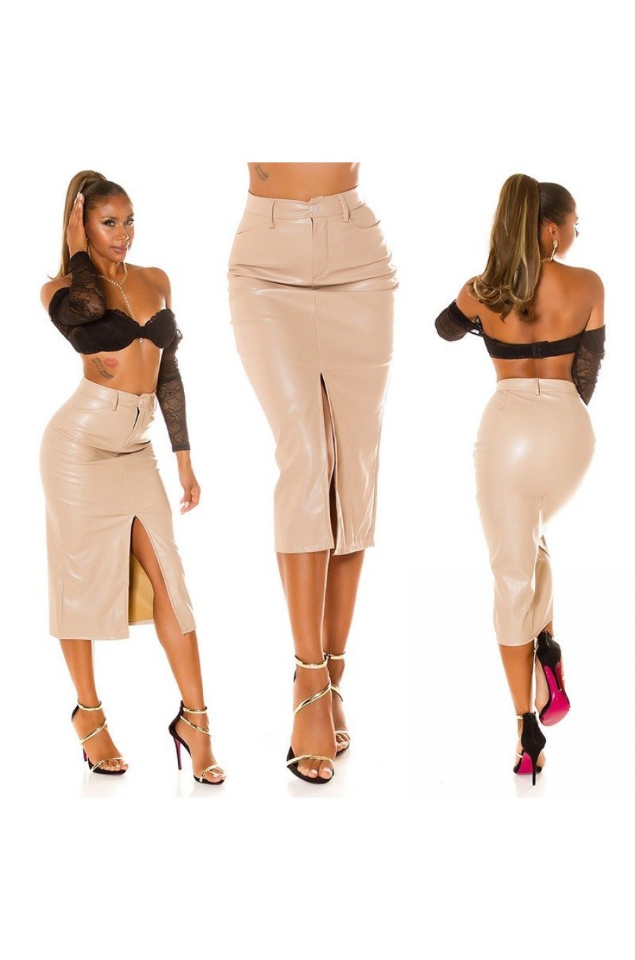 Fusta mulata din piele eco, midi, bej, Rhona Fusta mulata din piele eco, midi, bej, Rhona 7 - jojofashion.ro