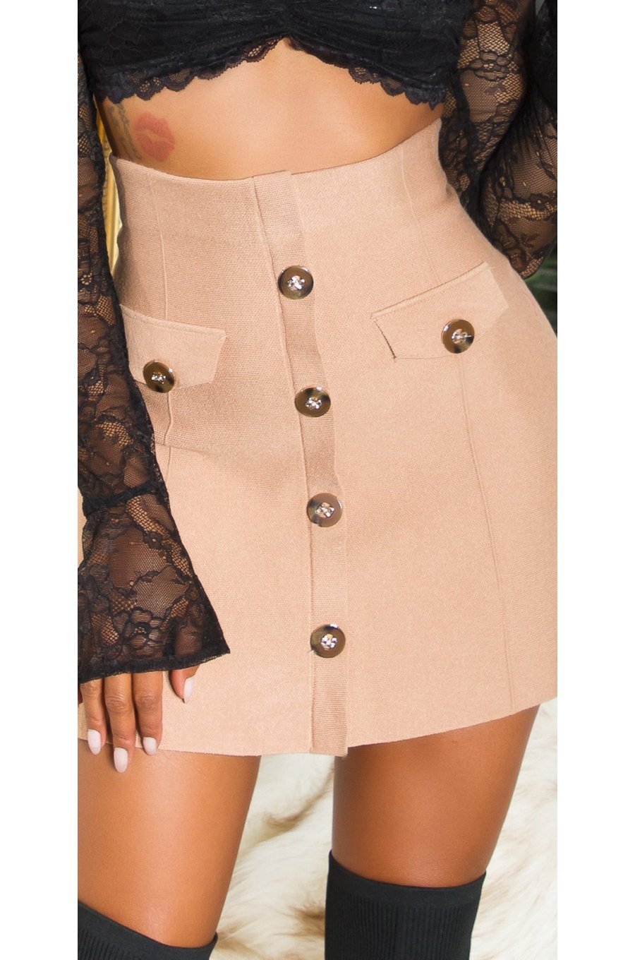 Fusta mulata, din vascoza cappuccino, scurta, cu talia inalta, Dayra 1 - jojofashion.ro