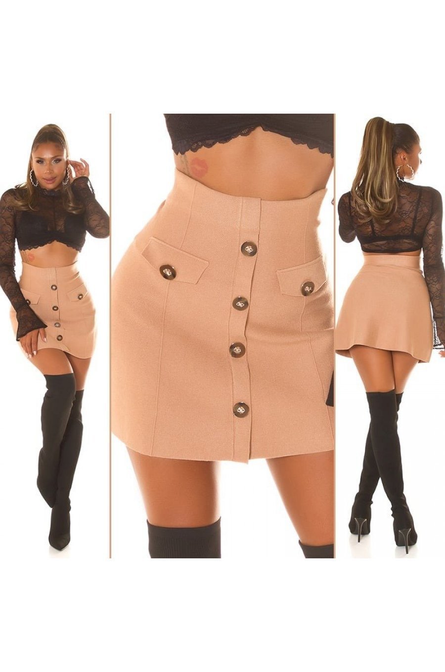 Fusta mulata, din vascoza cappuccino, scurta, cu talia inalta, Dayra 8 - jojofashion.ro