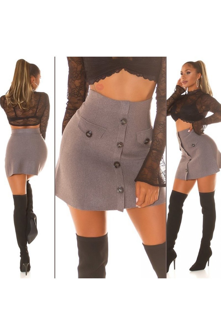 Fusta mulata, din vascoza gri, scurta, cu talia inalta, Dayra 8 - jojofashion.ro