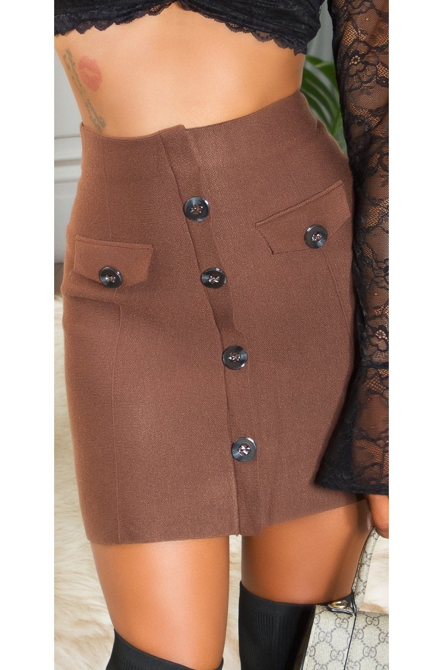 Fusta mulata, din vascoza maro, scurta, cu talia inalta, Dayra 1 - jojofashion.ro