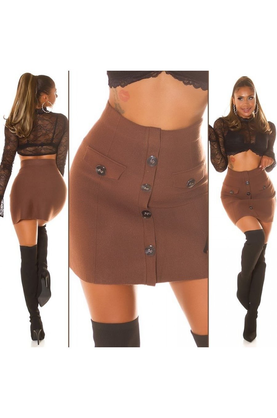 Fusta mulata, din vascoza maro, scurta, cu talia inalta, Dayra 7 - jojofashion.ro