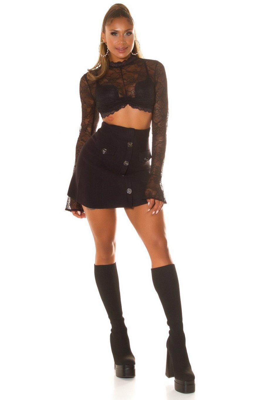 Fusta mulata, din vascoza neagra, scurta, cu talia inalta, Dayra 9 - jojofashion.ro