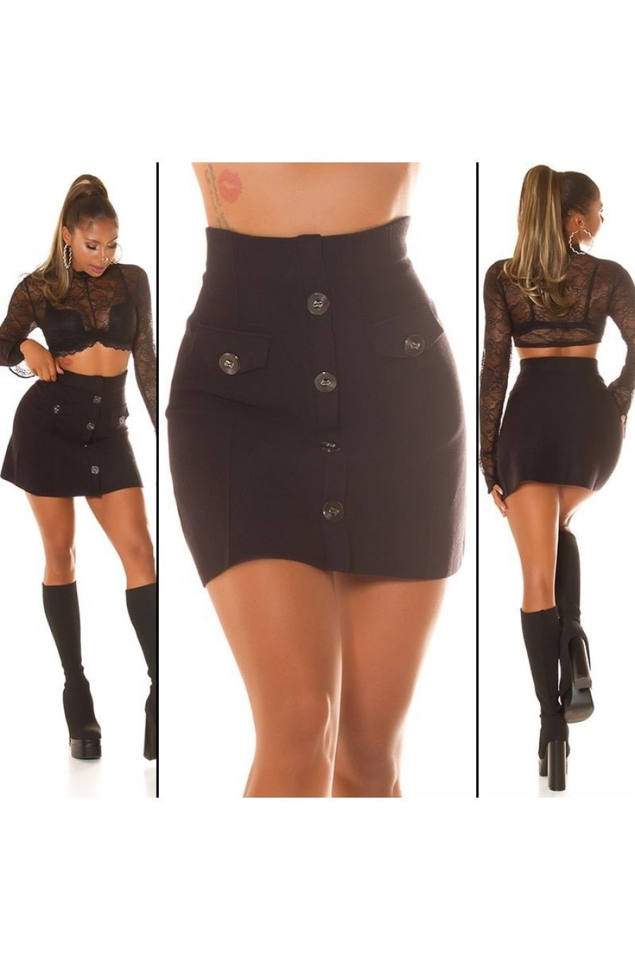 Fusta mulata, din vascoza neagra, scurta, cu talia inalta, Dayra 10 - jojofashion.ro