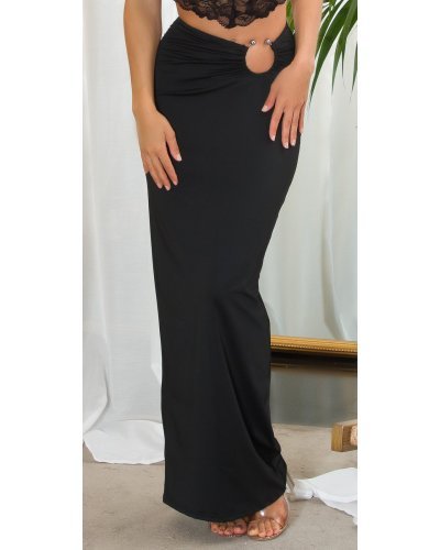 Fusta mulata lunga, neagra, cu inel in talie, Zakiyya - jojofashion.ro
