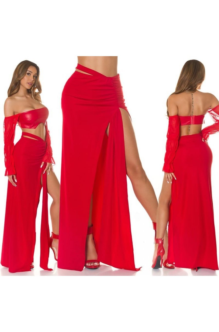 Fusta mulata lunga, rosie, crapata pe picior, Abigail Fusta mulata lunga, rosie, crapata pe picior, Abigail 8 - jojofashion.ro