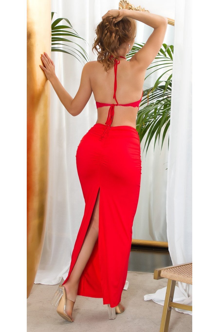 Fusta mulata lunga, rosie, cu inel in talie, Zakiyya Fusta mulata lunga, rosie, cu inel in talie, Zakiyya 3 - jojofashion.ro