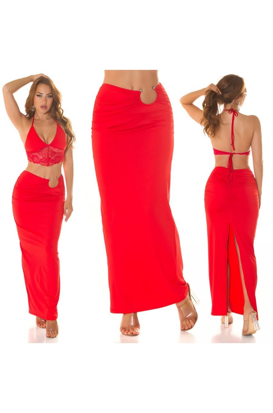 Fusta mulata lunga, rosie, cu inel in talie, Zakiyya Fusta mulata lunga, rosie, cu inel in talie, Zakiyya 5 - jojofashion.ro
