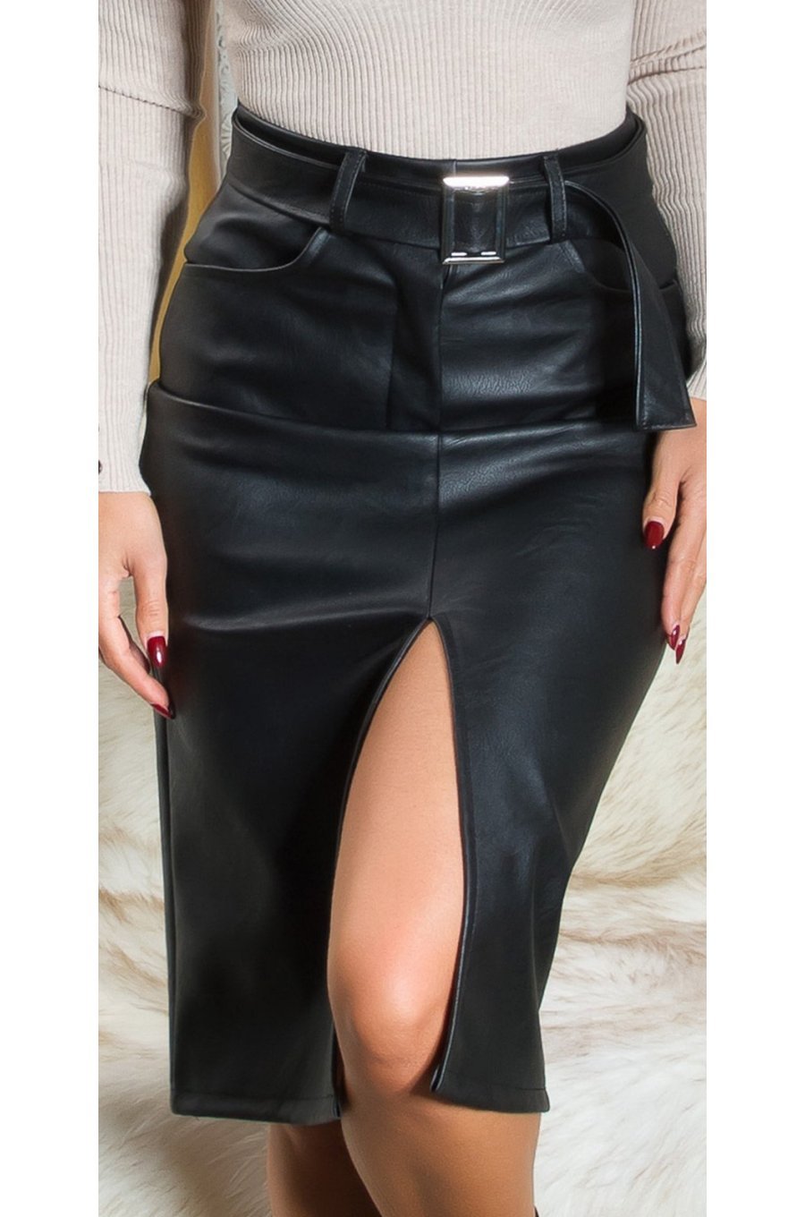 Fusta mulata, piele eco, midi, neagra, cu crapatura si curea, Kiall Fusta mulata, piele eco, midi, neagra, cu crapatura si curea, Kiall 1 - jojofashion.ro