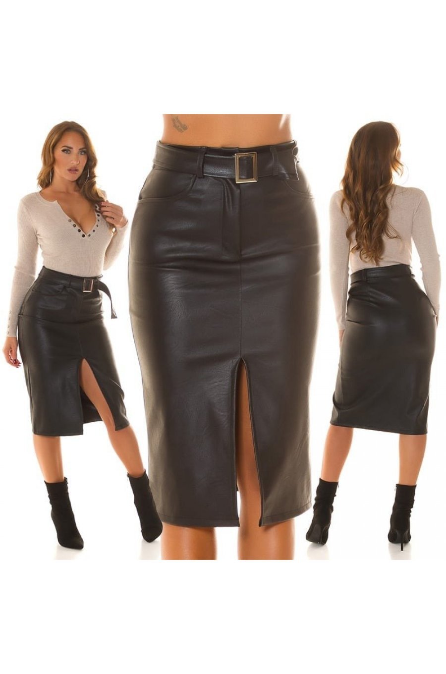 Fusta mulata, piele eco, midi, neagra, cu crapatura si curea, Kiall Fusta mulata, piele eco, midi, neagra, cu crapatura si curea, Kiall 6 - jojofashion.ro
