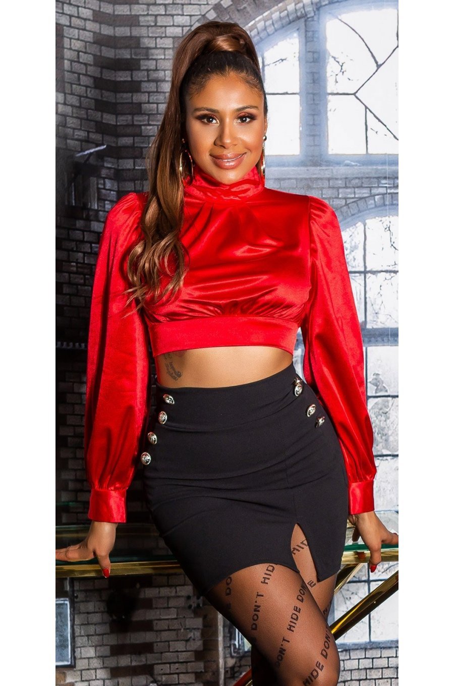 Fusta mulata, scurta, neagra, cu talia inalta si nasturi aurii, Tiffany 3 - jojofashion.ro