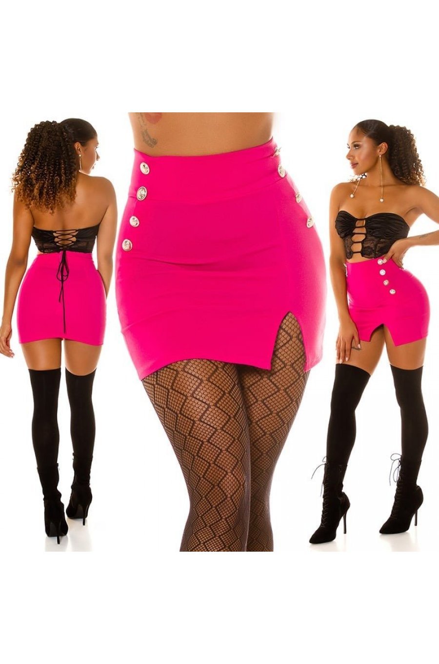 Fusta mulata, scurta, roz fucsia, cu talia inalta si nasturi aurii, Tiffany Fusta mulata, scurta, roz fucsia, cu talia inalta si nasturi aurii, Tiffany 8 - jojofashion.ro