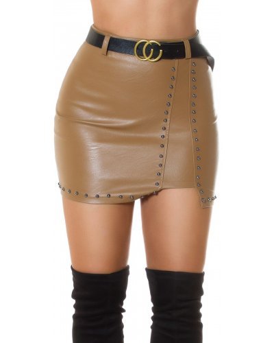 Fusta piele eco cappuccino scurta cu tinte Tarika Fuste dama, Fusta piele eco cappuccino scurta cu tinte Tarika - jojofashion.ro