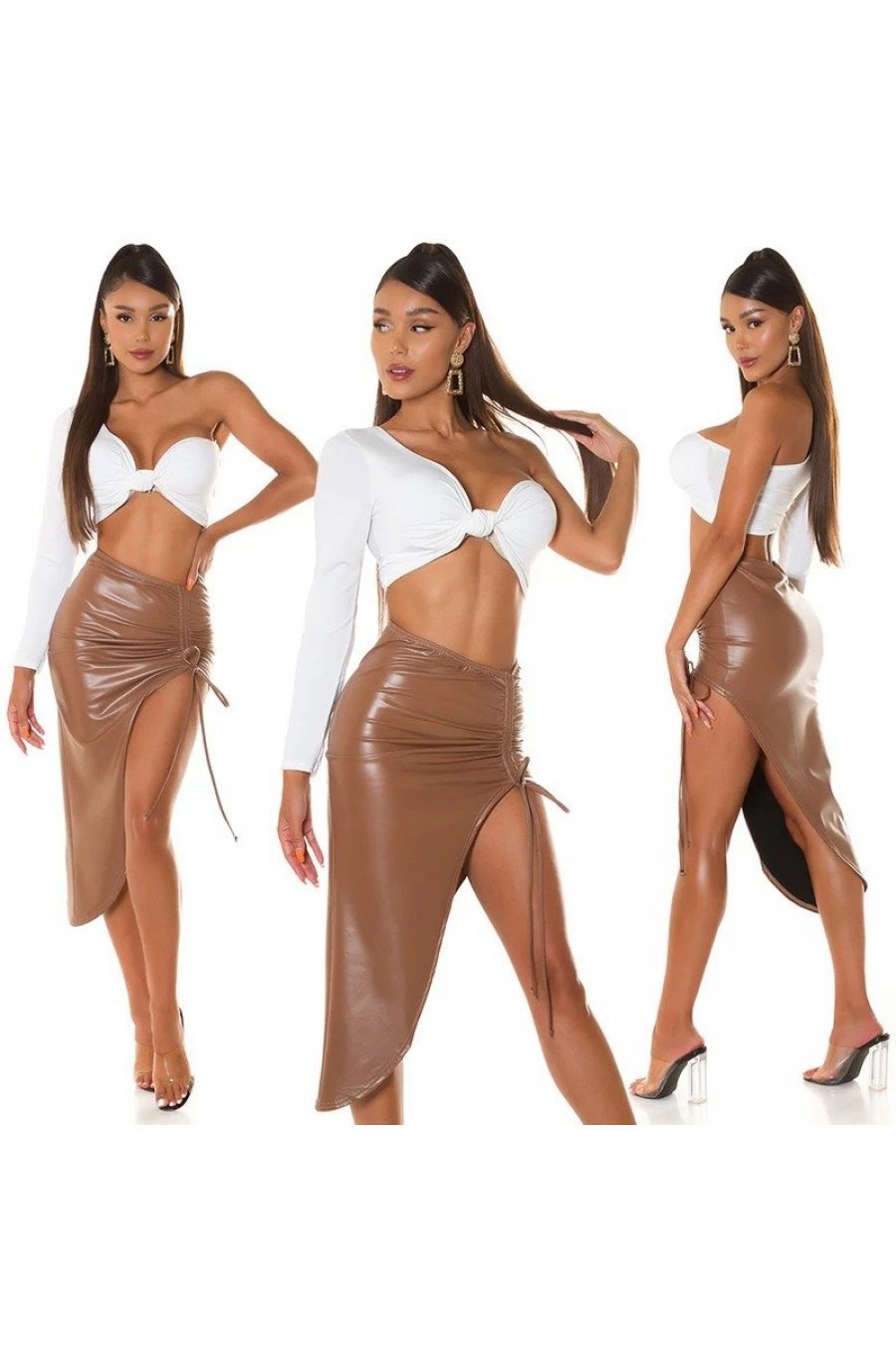 Fusta piele eco midi maro drapata crapata pe picior Kirsley 5 - jojofashion.ro