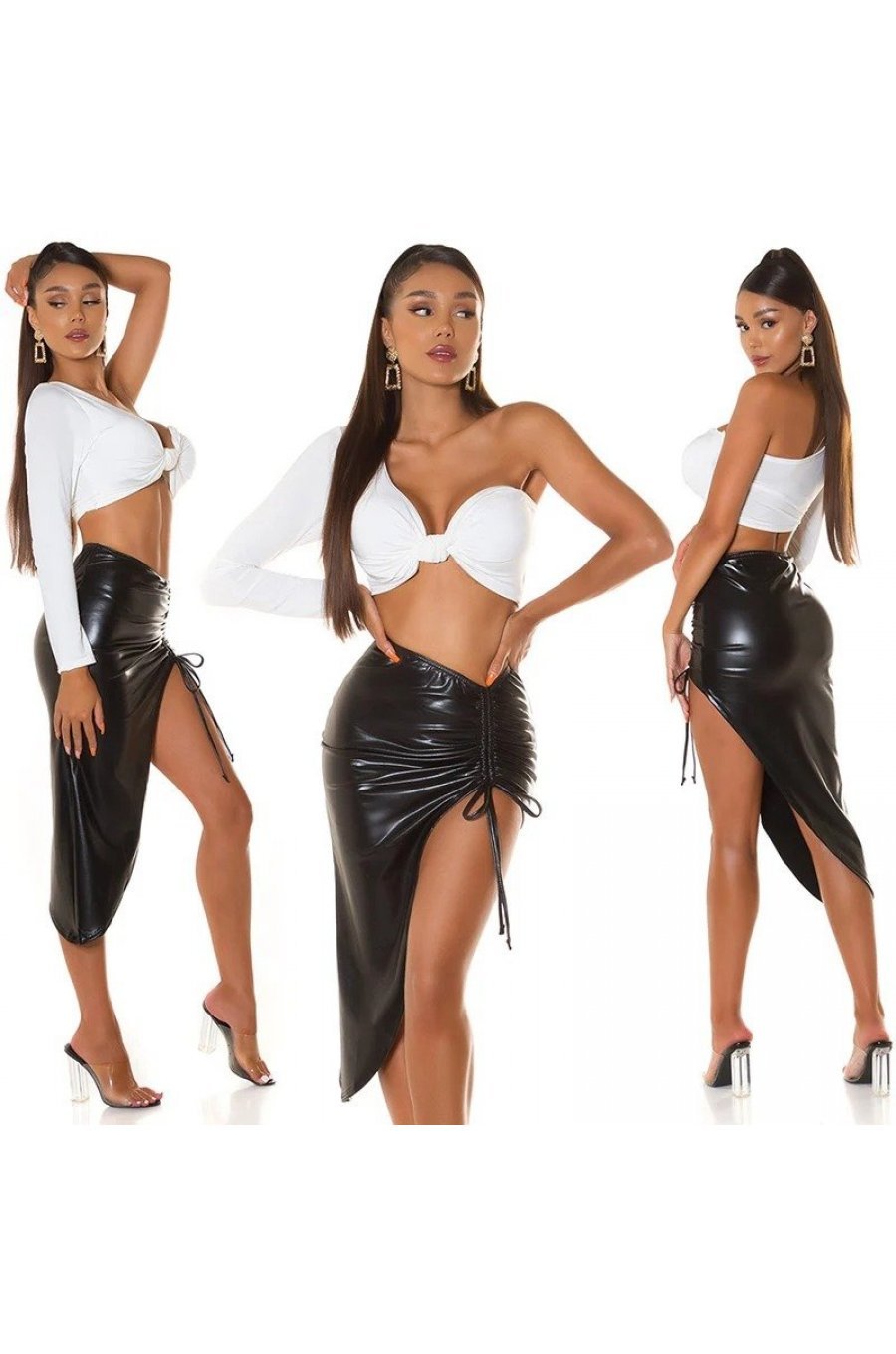 Fusta piele eco midi neagra drapata crapata pe picior Kirsley 5 - jojofashion.ro