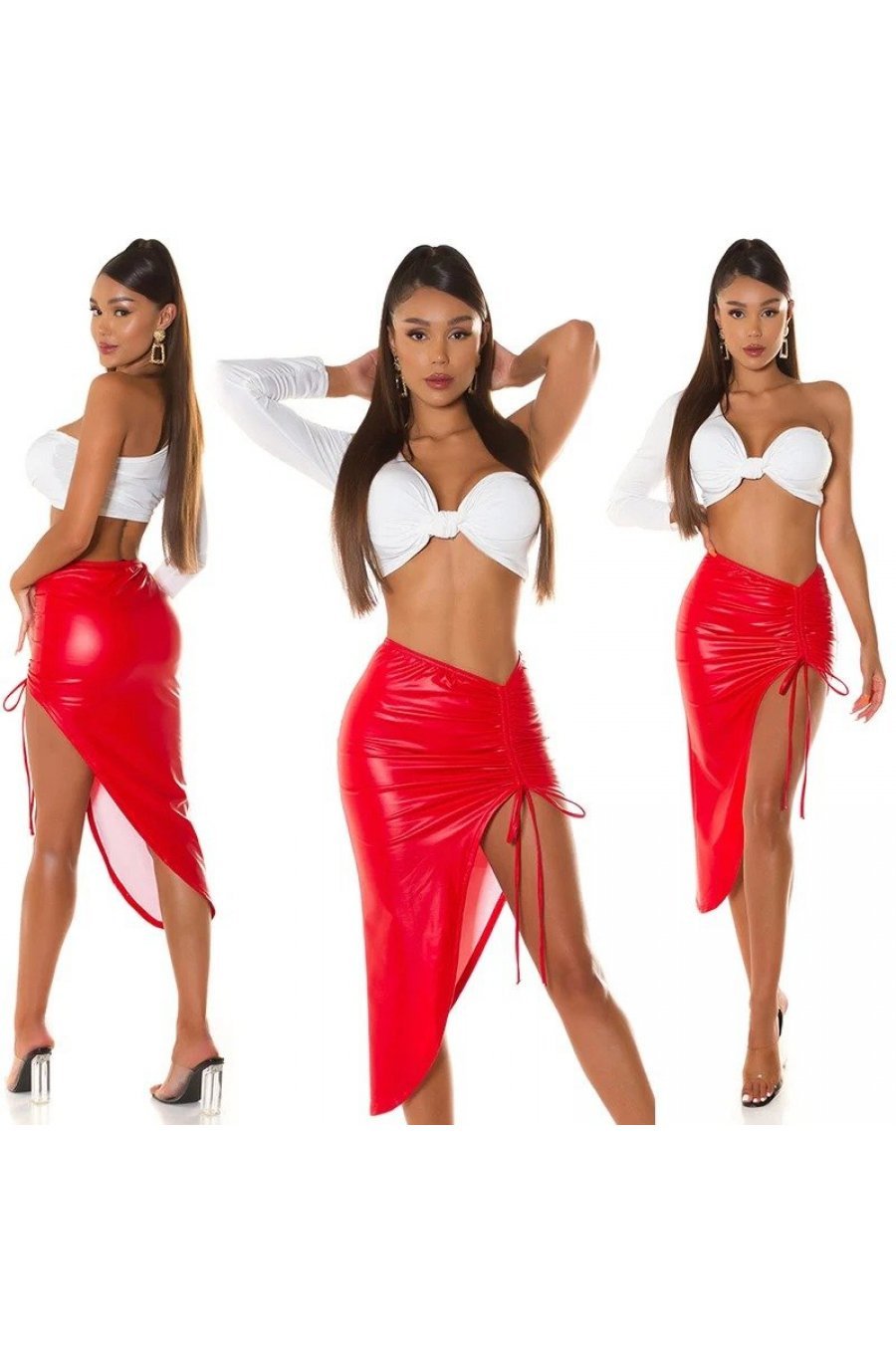 Fusta piele eco midi rosie drapata crapata pe picior Kirsley Fusta piele eco midi rosie drapata crapata pe picior Kirsley 5 - jojofashion.ro