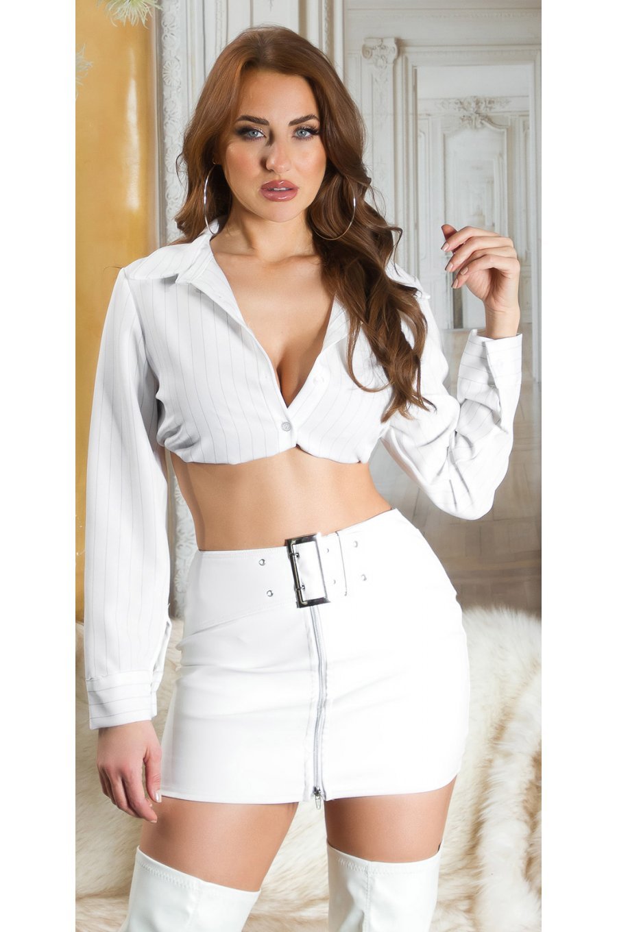 Fusta piele eco, scurta, alba, mulata, cu centura si fermoar, Aurellie 3 - jojofashion.ro