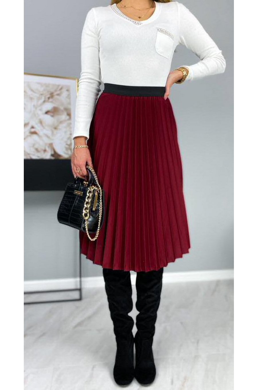 Fusta plisata midi, burgundy, eleganta Darinka Fusta plisata midi, burgundy, eleganta Darinka 1 - jojofashion.ro