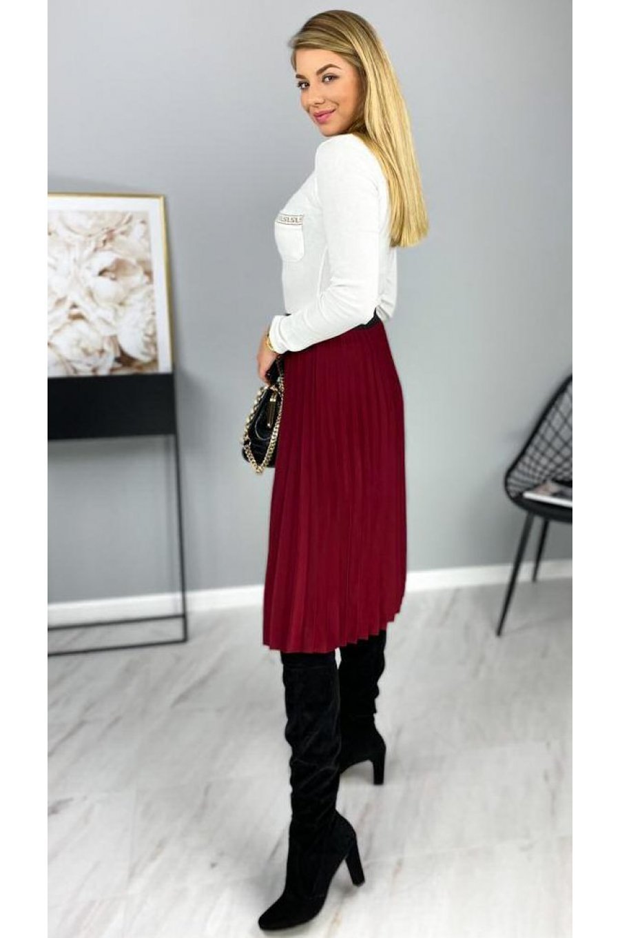 Fusta plisata midi, burgundy, eleganta Darinka Fusta plisata midi, burgundy, eleganta Darinka 3 - jojofashion.ro