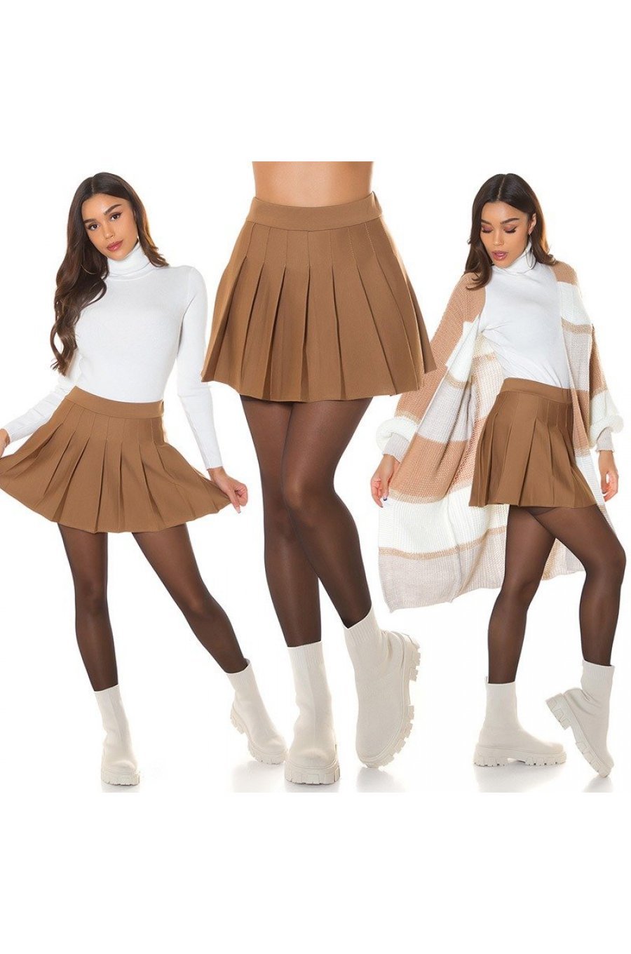 Fusta plisata skater, din bumbac, scurta, cappuccino, Cecile Fusta plisata skater, din bumbac, scurta, cappuccino, Cecile 6 - jojofashion.ro