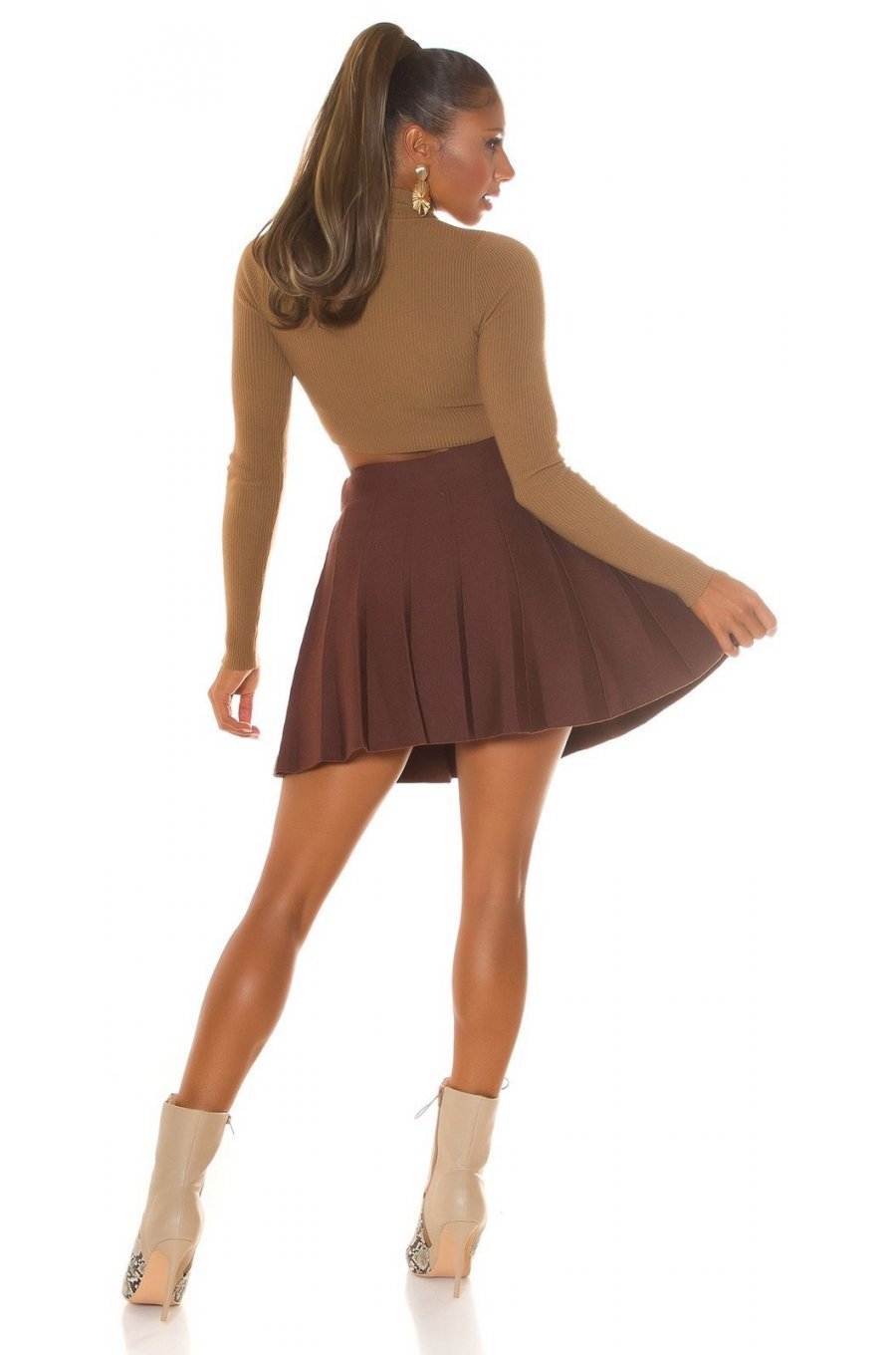 Fusta plisata skater, din vascoza, scurta, maro, cu talia inalta, Colette 6 - jojofashion.ro