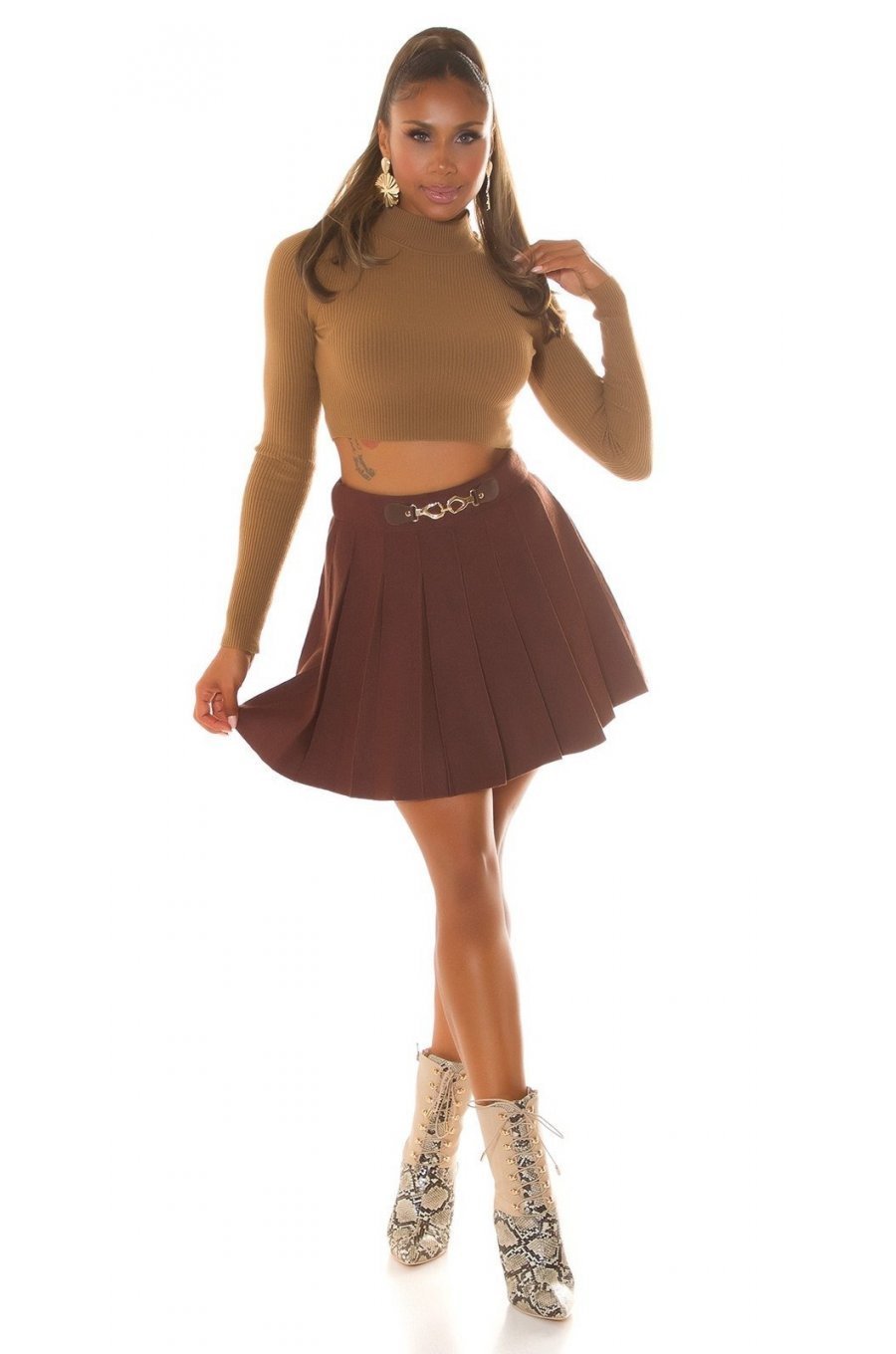 Fusta plisata skater, din vascoza, scurta, maro, cu talia inalta, Colette 7 - jojofashion.ro