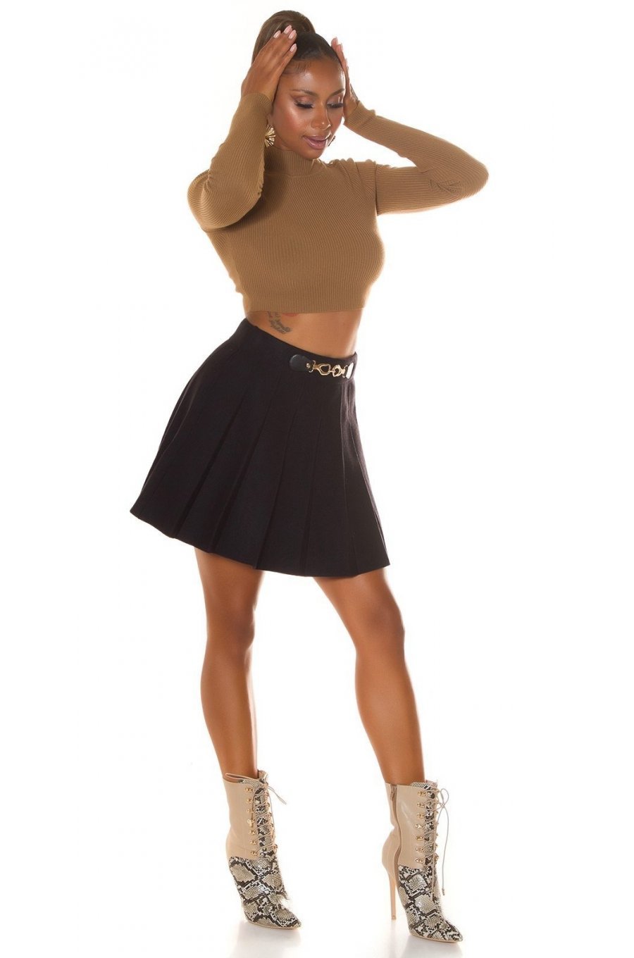 Fusta plisata skater, din vascoza, scurta, neagra, cu talia inalta, Colette 6 - jojofashion.ro
