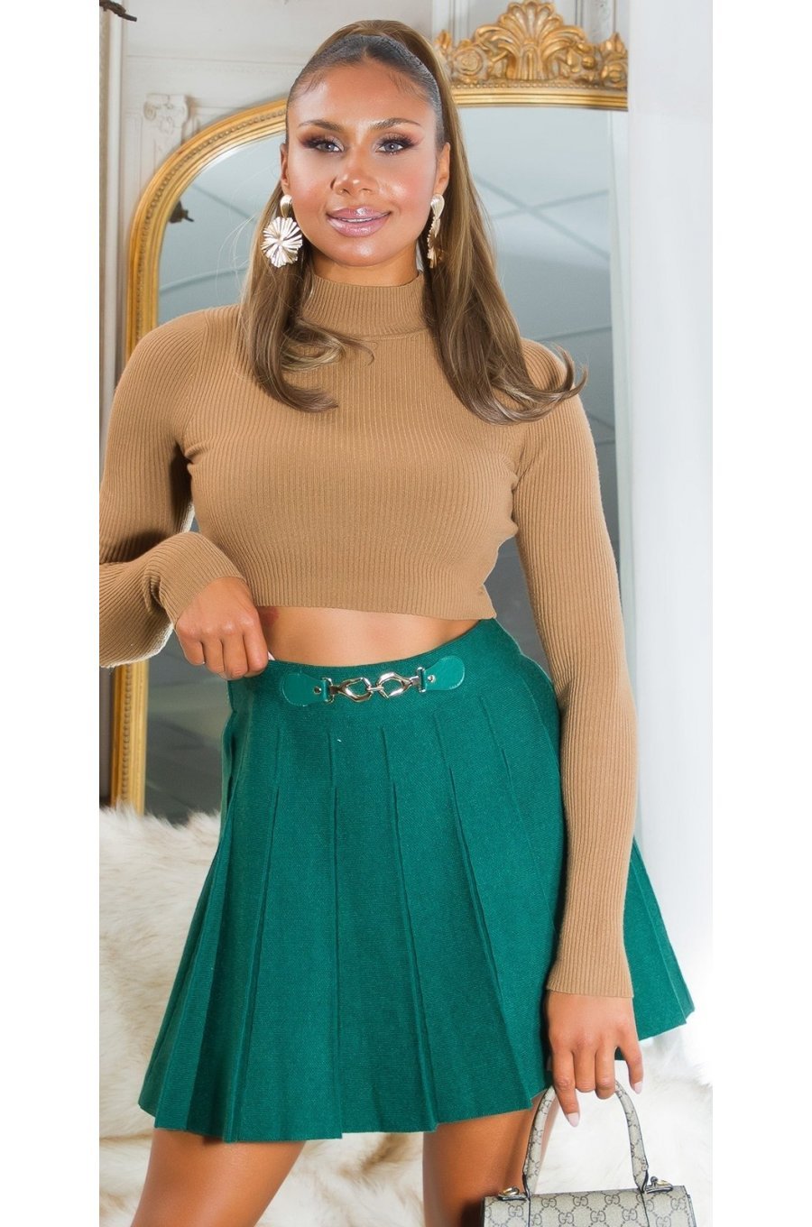 Fusta plisata skater, din vascoza, scurta, verde, cu talia inalta, Colette 3 - jojofashion.ro