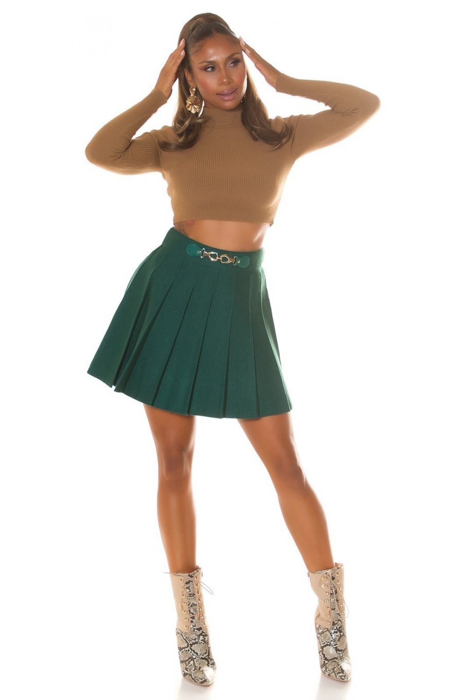 Fusta plisata skater, din vascoza, scurta, verde, cu talia inalta, Colette 4 - jojofashion.ro