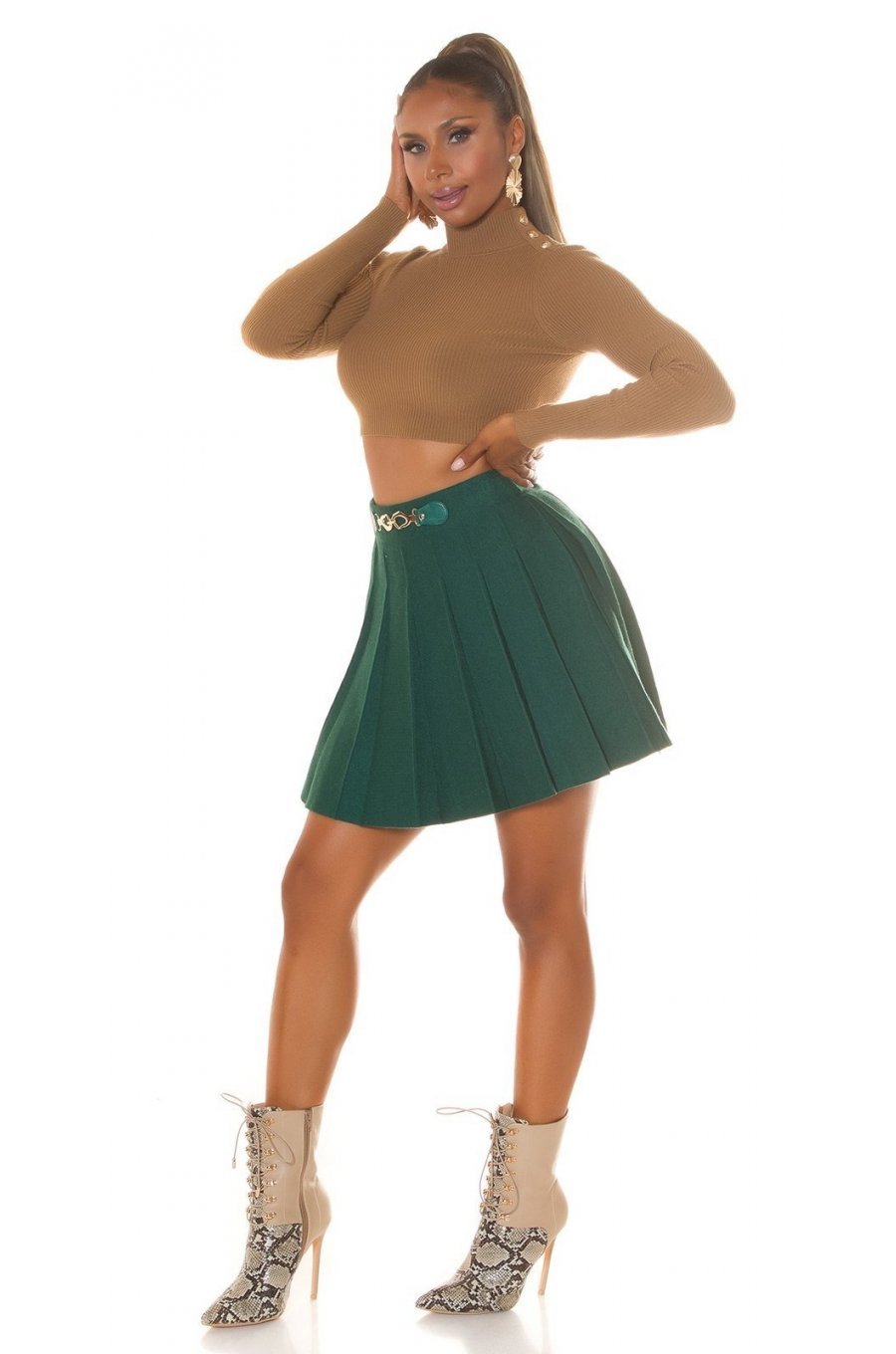 Fusta plisata skater, din vascoza, scurta, verde, cu talia inalta, Colette 5 - jojofashion.ro
