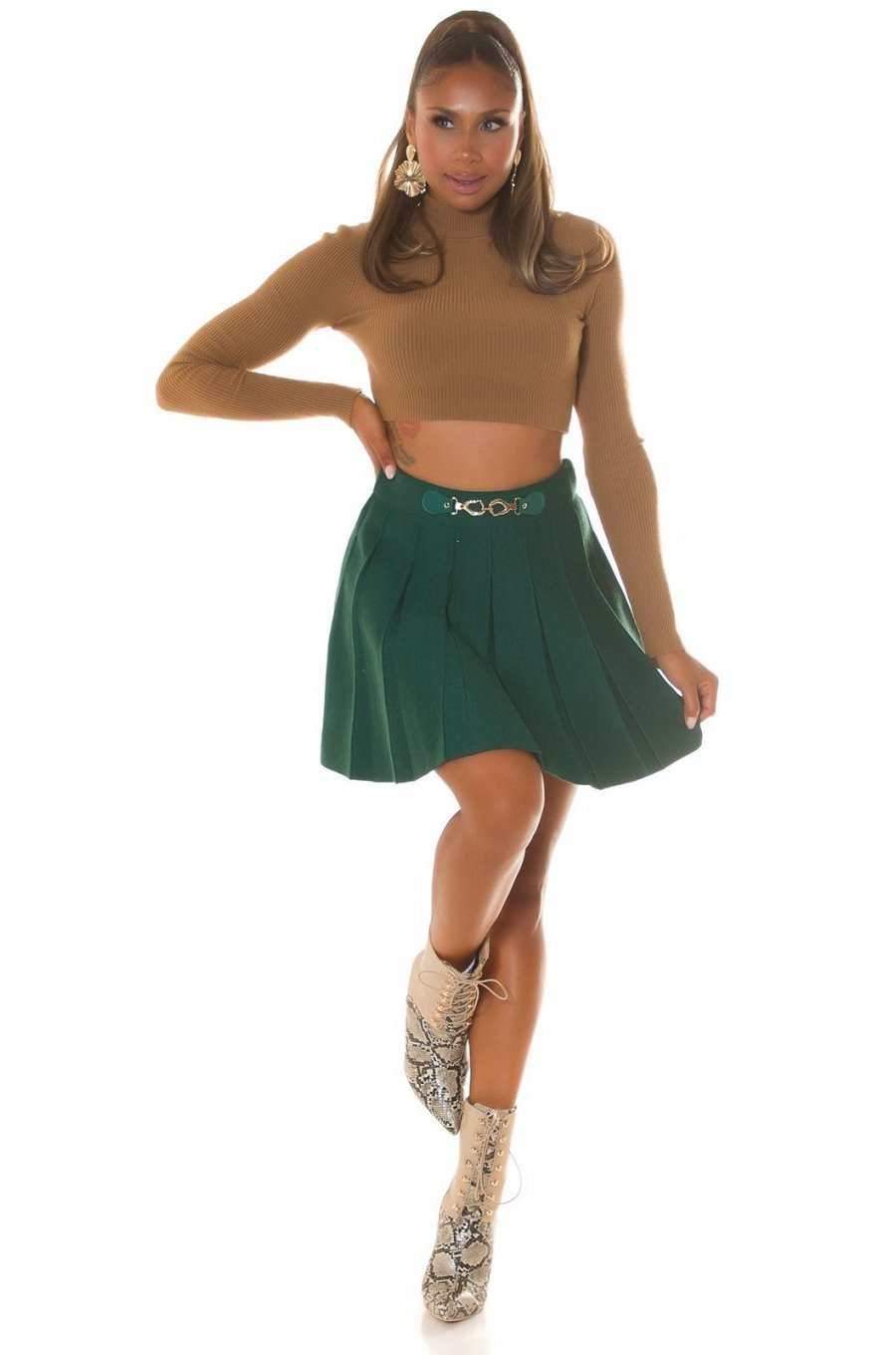Fusta plisata skater, din vascoza, scurta, verde, cu talia inalta, Colette 7 - jojofashion.ro