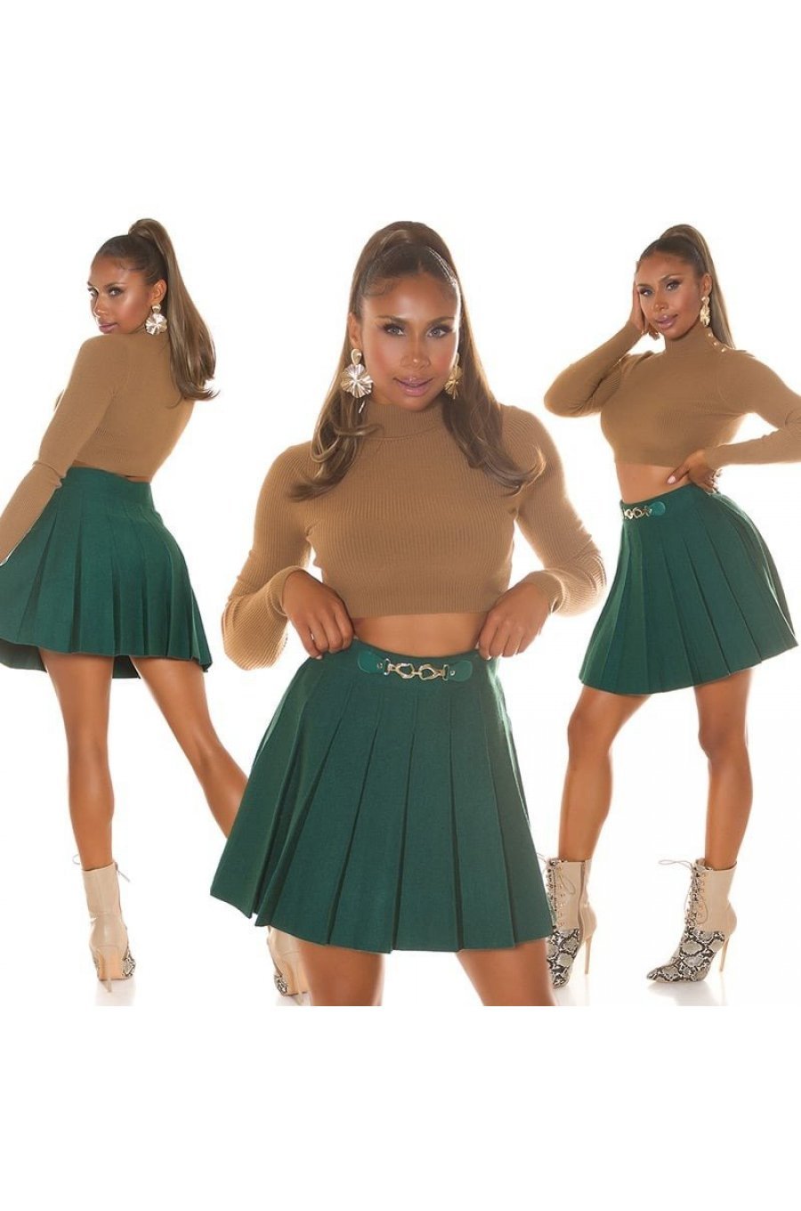 Fusta plisata skater, din vascoza, scurta, verde, cu talia inalta, Colette 8 - jojofashion.ro