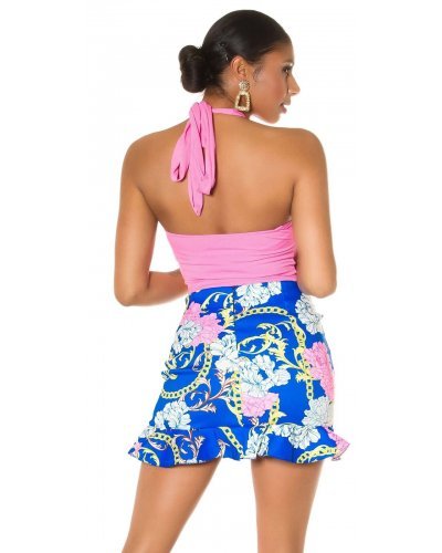 Fusta asimetrica scurta albastra print baroc cu volane Murry - jojofashion.ro